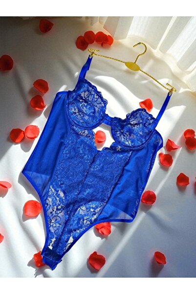 BUELLNA Saks Mavisi Kadın Dantel Tül Balenli Bodysuit - Şık İç Giyim
