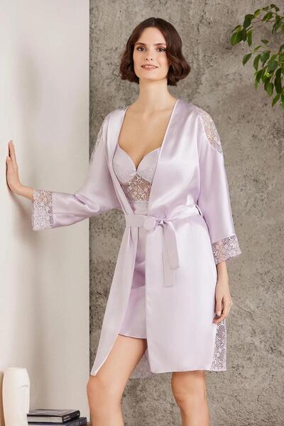 Mavelle Satin Viola Dressing Gown Nightgown Pajama Set with Shorts and Slippers Bridal Dowry Set with Gift
