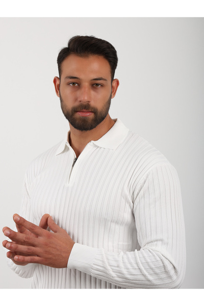 VALERO Men's Standard Fit Half Zip Polo Neck White Knit Sweater