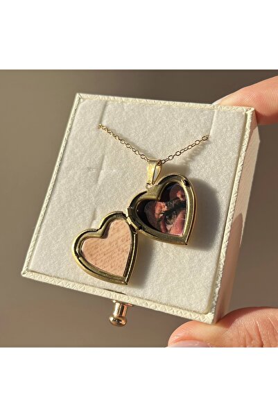 Vintagezegeni Kapaklı Çift Fotoğraflı Kalp Kolye(1,7 cm)
