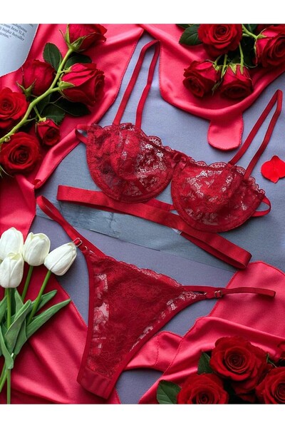 BUELLNA Özel Tasarım Kırmızı Dantel Bralet Sütyen & Tanga Seti - Kadın İç Çamaşırı Takımı