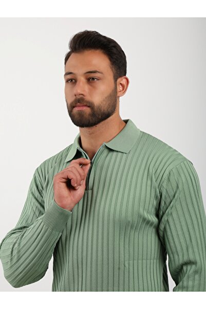 VALERO Men's Standard Fit Half Zip Polo Neck Green Knit Sweater