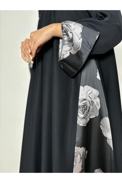 REİNA Summer abaya, Korean dew fabric, decorated with floral jacquard