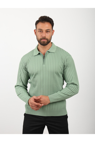 VALERO Men's Standard Fit Half Zip Polo Neck Green Knit Sweater