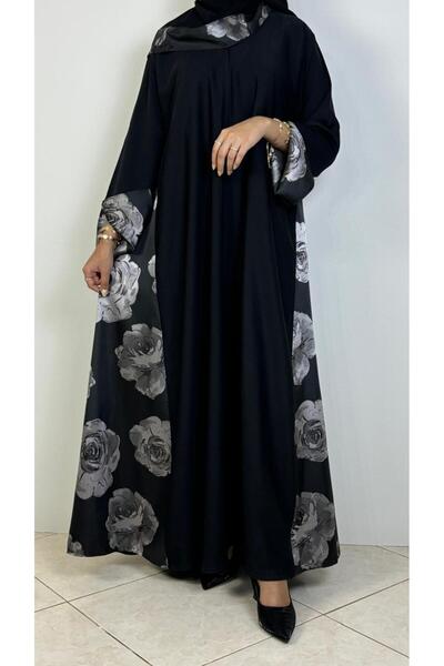 REİNA Summer abaya, Korean dew fabric, decorated with floral jacquard