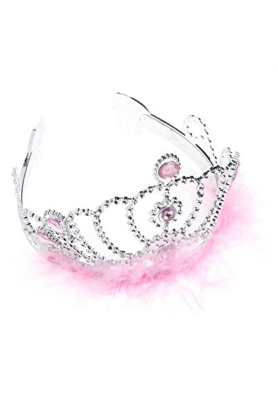OEM Silver Tiara Hair Crown with Pink Feathers