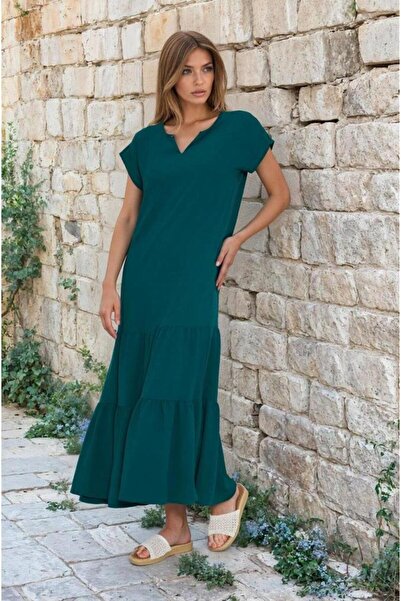 Pasaklı Giyim Γυναικεία Σμαραγδένια Πράσινη Μακριά Φούστα με Κοντό Μανίκι Απο...