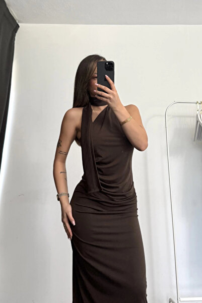 MOZENA Drapeli Fular Detaylı Uzun Elbise