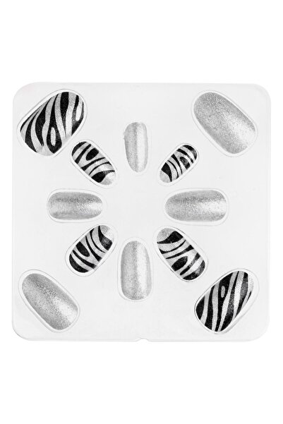 OEM Set Unghii False Adezive cu Glitter Argintiu Zebra Almond - 12buc