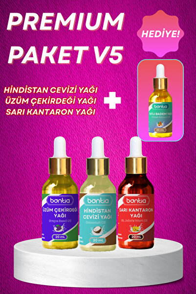 Bontia PREMIUM PAKET V5 - %100 Saf 20 ml Hindistan Cevizi, Sarı Kantaron, Üzüm Çekirdeği Yağı + Tatlı Badem