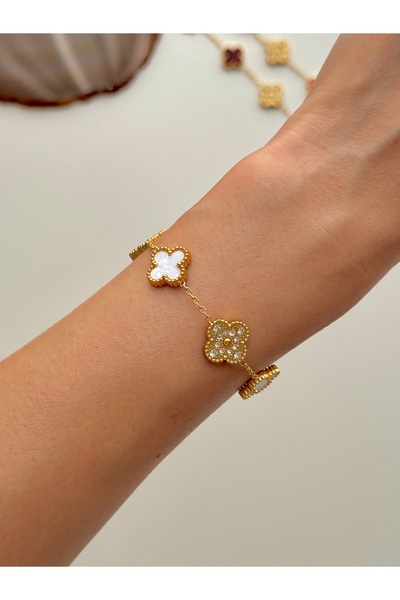 YOUES JEWELRY سوار نسائي من الفولاذ 316L مع أحجار بيضاء، سوار ذهبي مزدوج الوجه