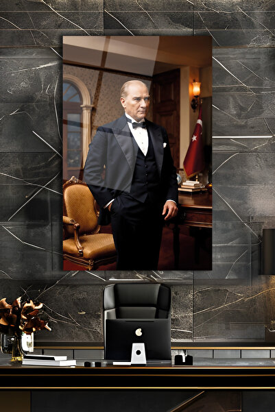 home dekors Atatürk Portresi Dikey Cam Tablo İş Ofis Makam Odası Müdür Odası Hediyelik Büyük Tablo