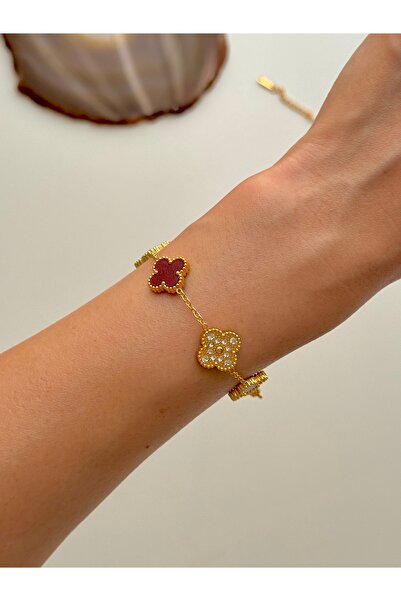 YOUES JEWELRY سوار من الفولاذ 316L مطلي بالذهب مع حجر العنبر الأحمر ذو وجهين