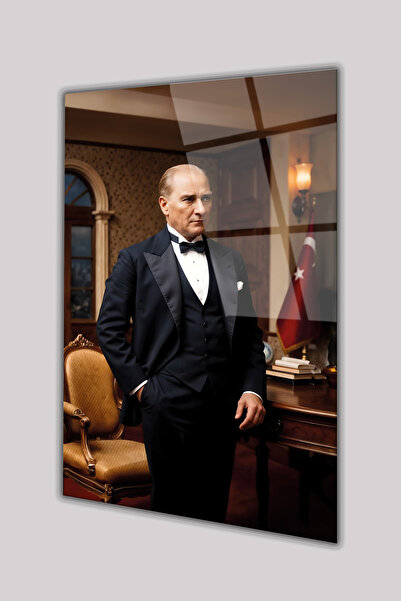 home dekors Atatürk Portresi Dikey Cam Tablo İş Ofis Makam Odası Müdür Odası Hediyelik Büyük Tablo