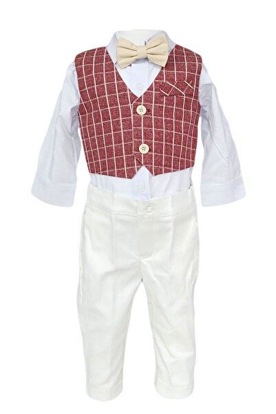fantasialand Christening Suit 5 Pieces Checkered Burgundy