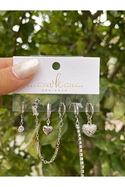 perry accessories altılı çelik zirkon küpe 3 çift kalp ,kelebek,yıldız,fiyonk figürlü kuzey yıldızı set küpe