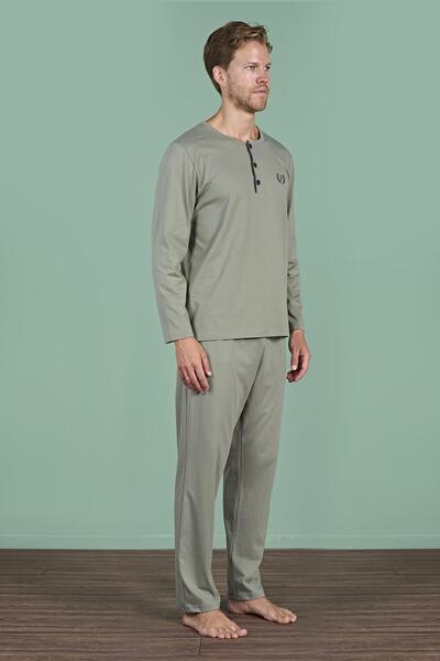 Pijadore Ανδρικό πράσινο μακρυμάνικο κοστούμι πιτζάμα με κουμπιά C4T6N91