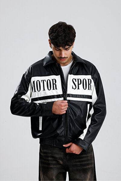 ATE STUDIOS MOTOR SPORT Detay Oversize Siyah Deri Ceket