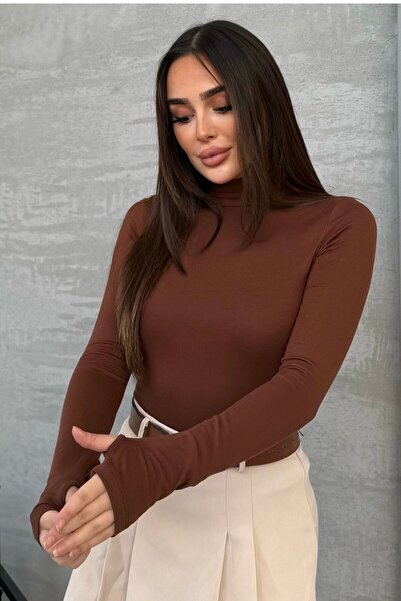 modavingo Women's Brown Finger Detail Turtleneck Bodysuit