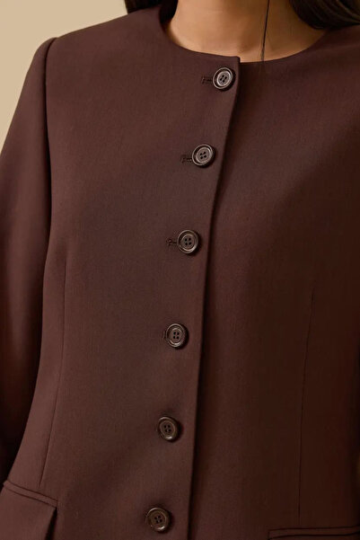 SEÇİL Women's Round Neck Buttoned Long Jacket - Brown