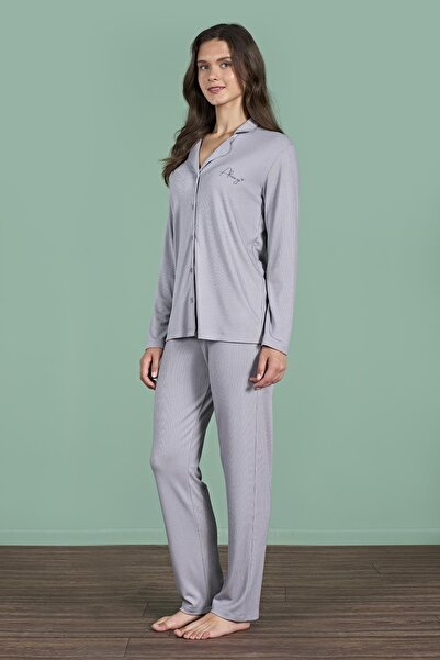 Pijadore Women's Grey Color Front Buttoned Long Sleeve Shirt Collar Pajama Set C1T4N91