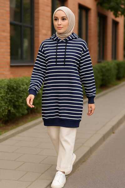 ECK MODA Women's Striped Fabric Hooded Loose Fit Long Sleeve Tunic