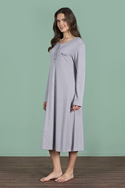 Pijadore Women's Grey Color Half Button Long Sleeve Maxi Length Nightgown C3T4N91