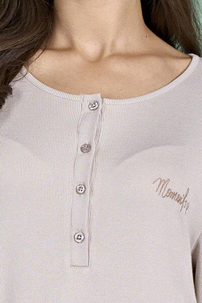 Pijadore Women's Mink Color Half Button Long Sleeve Maxi Length Nightgown C3T4N91