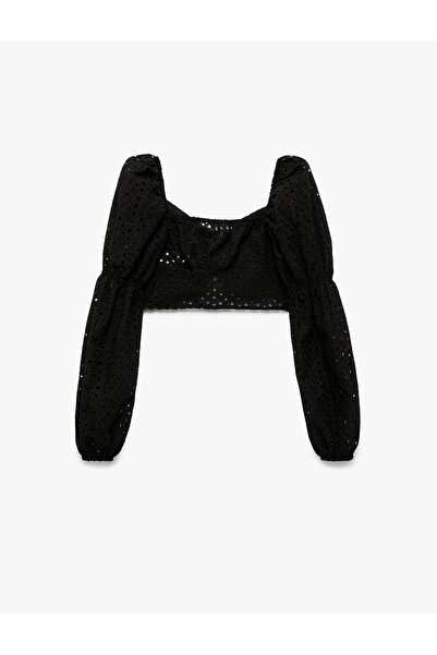 Koton Balloon Sleeve Tie Neck Long Sleeve Fishtail Crop Blouse