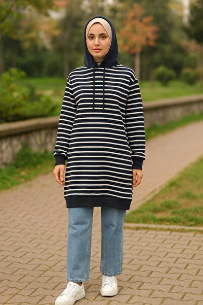 ECK MODA Women's Striped Fabric Hooded Loose Fit Long Sleeve Tunic