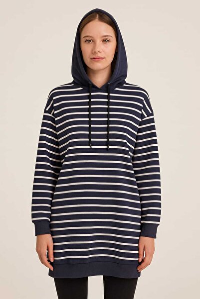 ECK MODA Women's Striped Fabric Hooded Loose Fit Long Sleeve Tunic