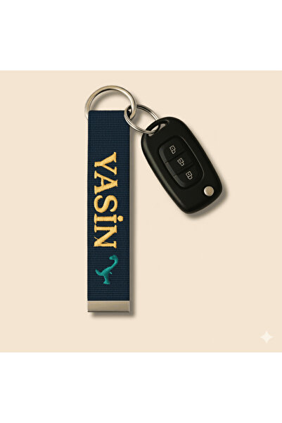 Tesbihane Çelik Tokalı - Kişiye Özel Anahtarlık - Lacivert - Dayanıklı Kumaş Üzerine İsim - Sembol Nakışlı