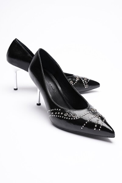 Mubiano Aurina Women's Black Wrinkled Patent Leather High Heeled Shoes with Silver Metal Accessories (8cm)