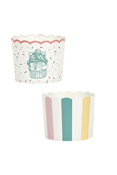 SHOPIENS Set 24 forme de hârtie de copt Shopiens®, margine ondulată, model curcubeu și tort, pentru brioșe, 7x6 cm