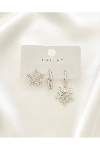 JEWELRY Zirkon Taşlı Çelik Üçlü Küpe