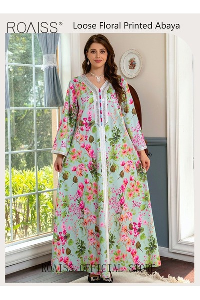 ROAISS Women's V-Neck Long-Sleeved Dress Floral Pattern Embroidery Front Arab...