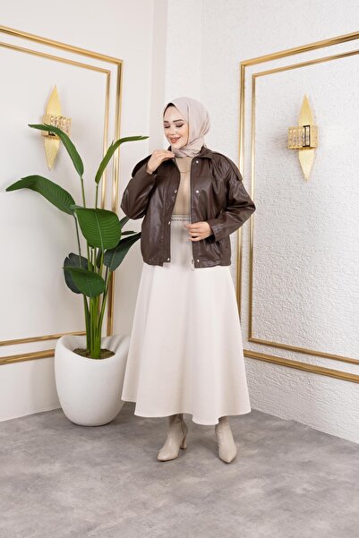 Hb Harma Time Butik Γυναικείο μπουφάν με φερμουάρ με επένδυση από δέρμα σε καφέ χρώμα