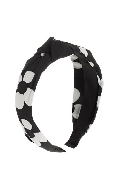 SHOPIENS - Bentiță de păr pentru femei, lată, acoperită cu material negru, cu flori albe și nod