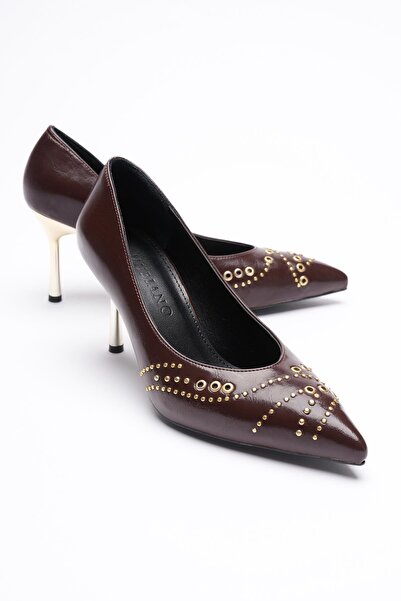 Mubiano Aurina Women's Brown Wrinkled Patent Leather High Heeled Shoes with Gold Accessories (8cm)