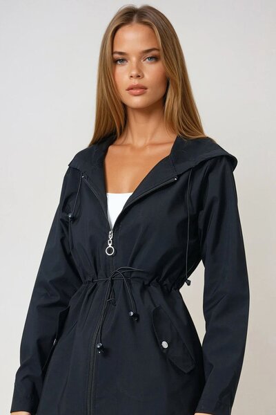 VAGGON Női fekete kapucnis kabát dupla oldalsó zsebekkel és cipzárral Vs00852