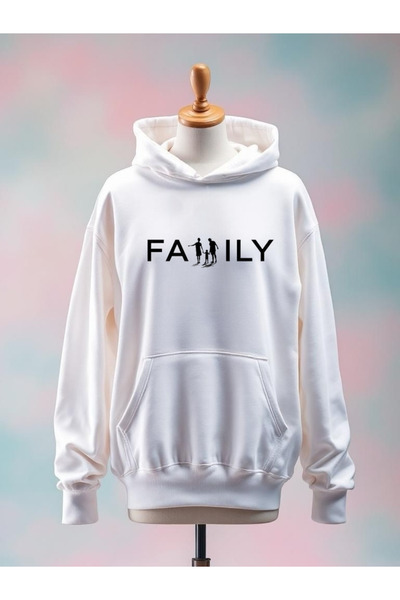 Vordevia سويت شيرت أبيض كبير الحجم مصنوع من القطن بطباعة عائلية مكونة من 3 خيوط