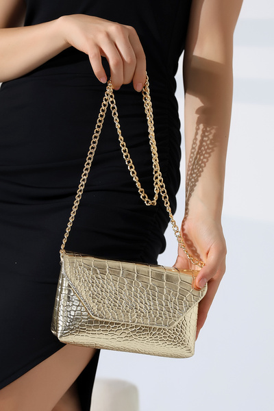 BALANZ Geantă de mână și de umăr pentru femei, de dimensiuni mici, cu model de crocodil, lucioasă, elegantă, cu curea cu lanț