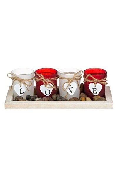 SHOPIENS Set Suport Lemn cu 4 Pahare Rosu Alb Inimi Love pentru Lumanari Pastila 25x11.6cm