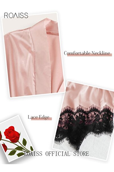 ROAISS 4 Pack Women's Nightwear Set Lace Trimmed Lightweight Silk Satin Sleepwear Pajama Ladies Summer Brea