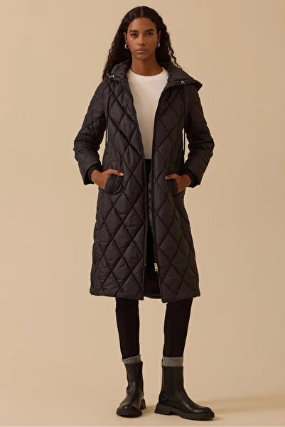 SEÇİL Hooded Long Quilted Anorak Coat - Black