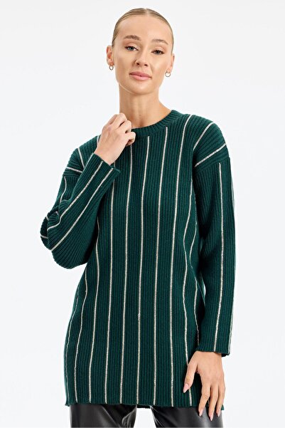 Tığ Triko Striped stone appliqué waffle knit tunic - emerald