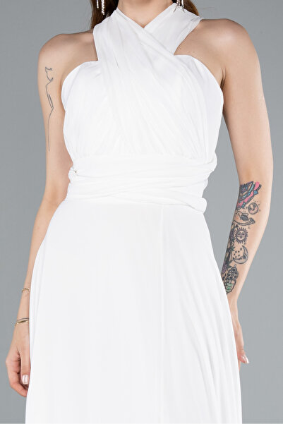 Abiyefon Ekru Bacak Dekolteli Uzun Şifon Mezuniyet Elbisesi ABU4965