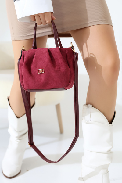 BALANZ Burgundy Women's Nubuck Bag Lined with Zipper - Crossbody Shoulder and Handbag Small Size