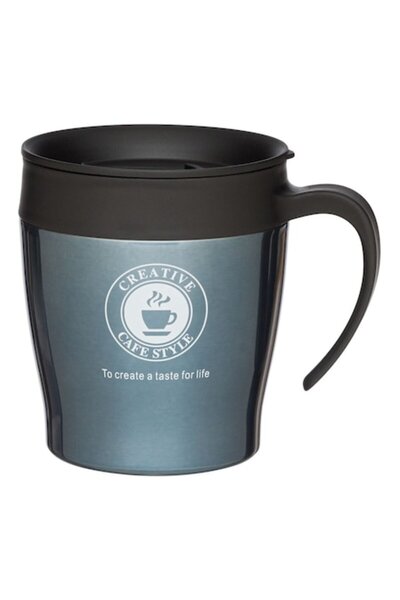 SHOPIENS Cana metalica Silver Grey pentru cafea cu maner si capac negru de plastic Shopiens®, 350 ml
