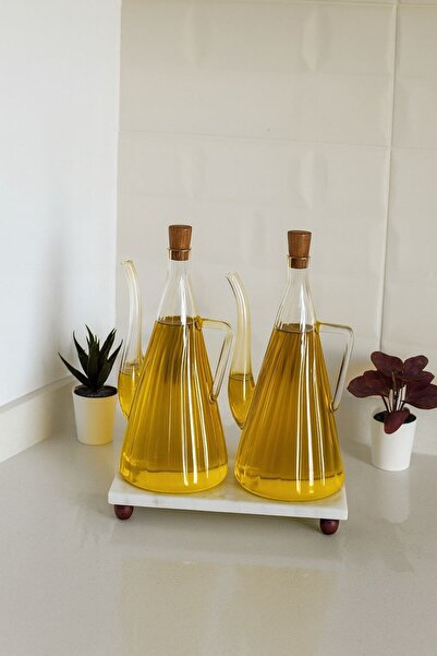Reoona 2-Piece Glazzy Striped Design Oil Bottle & Sauce Bowl with Marble Stan...